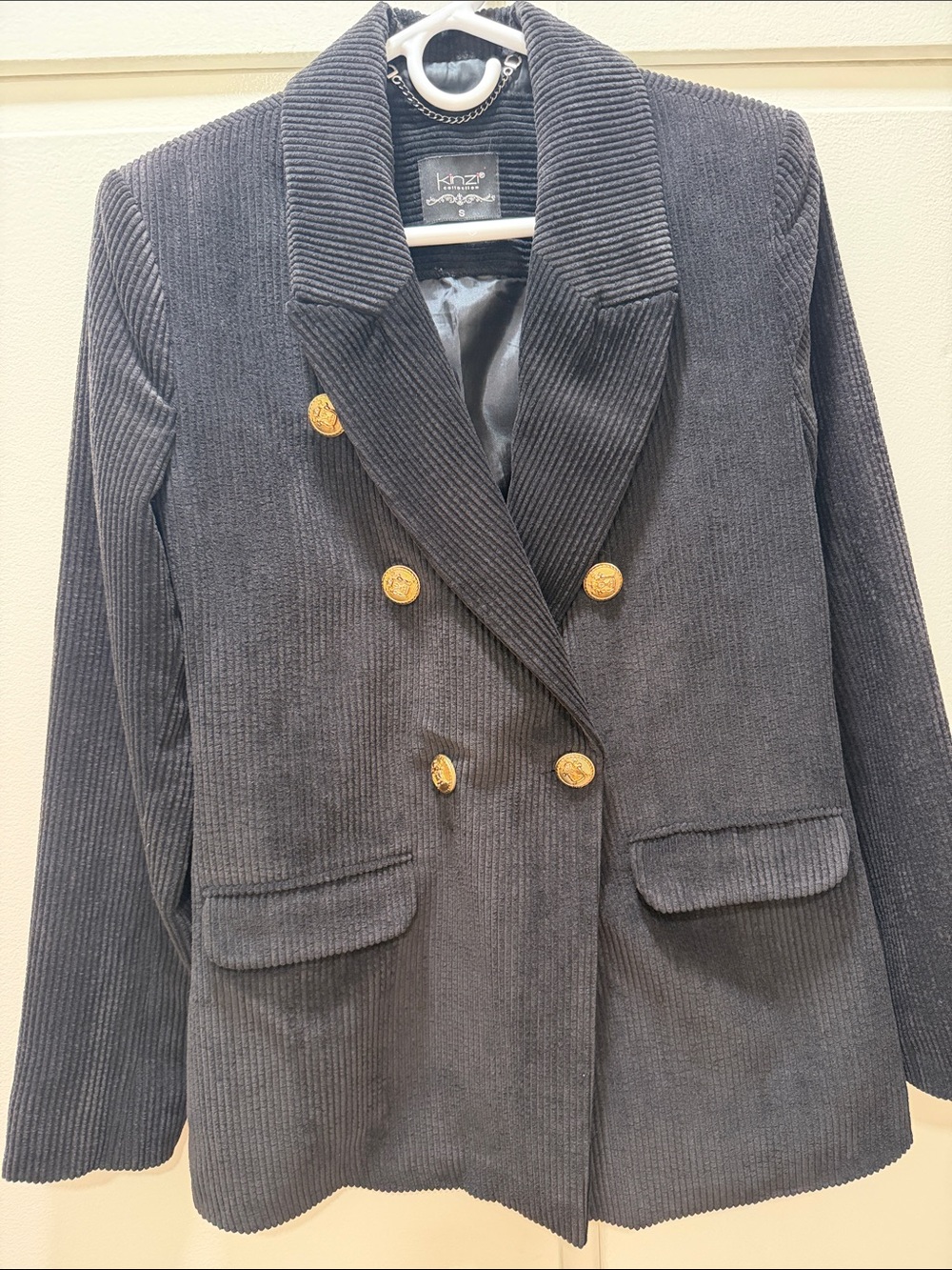 Black Corduroy Double-Breasted Blazer with Gold Buttons by